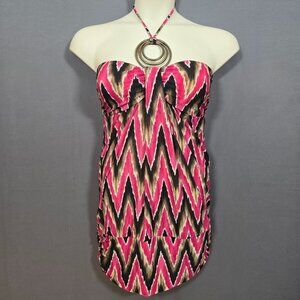 Y2K Mini Halter Dress Size L McBling Boho Groovy Ikat Print Purple Brown 2000s